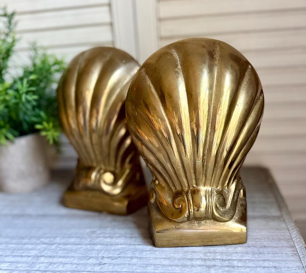 Brass Shell Bookends Pair | Hollywood Regency Coastal Decor